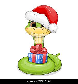 Un simpatico serpente verde cartoni animati in un cappello di Babbo Natale regge un regalo di Natale. Illustrazione del vettore animale del nuovo anno su sfondo bianco. Illustrazione Vettoriale
