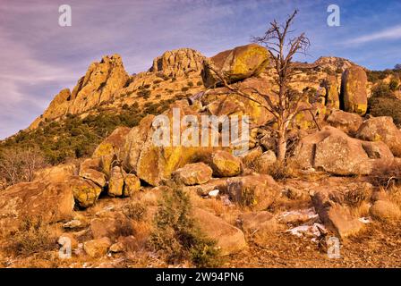 Scioglimento della neve a dicembre presso le rocce vicino alla Sawtooth Mountain nella catena montuosa Davis Mountains, Texas, USA Foto Stock
