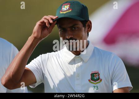 Taijul Islam festeggia il suo dieci wicket contro la nuova Zelanda mentre il Bangladesh vince il primo test match con 150 punti al Sylhet International Cricket Stadium, Foto Stock