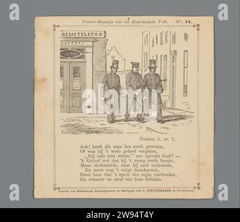 Uomo incatenato portato via da due agenti di un negozio di liquori, Isaac Weissenbruch, dopo Jan Weissenbruch, 1838 - 1912 stampa da una serie di dodici sull'abolizione degli spiriti. Una breve poesia tra l'immagine. Sopra l'immagine la regola: 'Magazzino di stampa per il popolo olandese'. Stampatore: Netherlandsafter design by: Netherlandspublisher: Purmerend paper letterpress Printing Genever, gin. alcolismo. poliziotto, agente Foto Stock