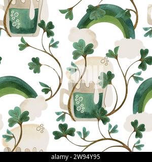 Motivo senza cuciture con simboli dell'Irlanda. Carta da imballaggio per St. Patrick's Day. Acquerello in stile vintage su sfondo bianco Foto Stock