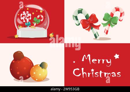 Biglietto d'auguri di Natale rosso e bianco diviso in settori quadrati di bianco e rosso. Palline di vetro gialle e rosse, canne caramelle e palloncini ricordo. Illustrazione Vettoriale