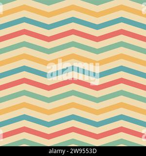 Motivo retro a zig-zag orizzontale astratto nei colori verde, beige, giallo, blu e rosso. Sfondo per la pubblicità sui social media con banner modello Illustrazione Vettoriale
