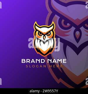 Illustrazione vettoriale del logo Owl. Mascotte con logo emblema su sfondo sfumato viola. Illustrazione Vettoriale