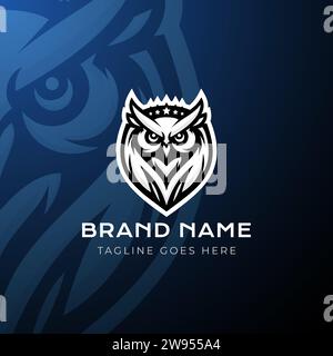 Illustrazione vettoriale del logo Owl. Mascotte con logo emblema su sfondo sfumato blu. Illustrazione Vettoriale