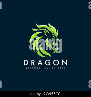Illustrazione del logo vettoriale con testa di drago verde. Emblema mitico della mascotte creatura su sfondo blu scuro. Illustrazione Vettoriale