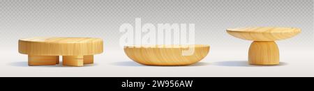 Podio in legno - serie di illustrazioni vettoriali realistiche 3d di vari supporti di prodotto con struttura in legno. Piattaforma naturale o piedistallo per esposizione merci. Finto Illustrazione Vettoriale