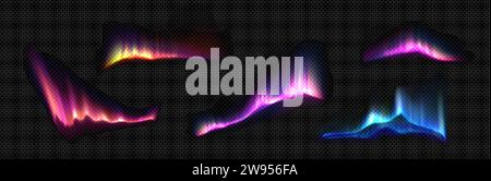 Set Aurora boreale isolato su sfondo trasparente. Illustrazione vettoriale realistica degli effetti di luce polare con gra di colore viola, rosa, giallo e blu Illustrazione Vettoriale