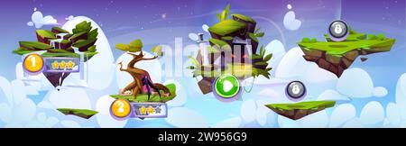 Mappa a livello di interfaccia utente del gioco con isole galleggianti con fiume e cascata, erba verde, alberi e creature mistiche. Illustrazione vettoriale dei fumetti di gioco Illustrazione Vettoriale