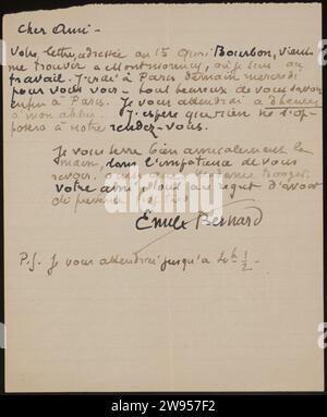 Brief aan Andries Bonger, Émile Bernard, in o prima di 1921 lettera Parigi scrittura inchiostro (processi) / penna Montmorency. Parigi Foto Stock