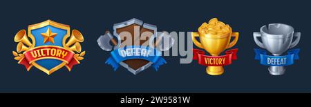 Distintivi di gioco di vittoria e sconfitta isolati sullo sfondo. Illustrazione di cartoni animati vettoriali con scudi dorati e fessurati con nastro, coppa vincitrice piena di m. Illustrazione Vettoriale