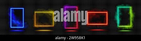 Rettangoli colorati con luce al neon isolati su sfondo trasparente. Illustrazione vettoriale realistica di cornici in nuvole di fumo, cancello magico luminoso Illustrazione Vettoriale