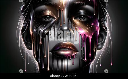 Ritratto surreale di un volto con vernice nera, oro e neon, che cattura una vivace miscela di disperazione e bellezza, oro scintillante e argento scintillante Foto Stock