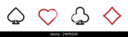 Set collection gambling outline sign symbol of playing card suits and chips for poker and casino. Vector hearts, clubs, diamonds and spades on an isol Illustrazione Vettoriale