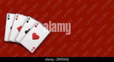 Fan delle carte da gioco a mano. Tavolo da gioco rosso. Quattro assi con cuori, mazze, diamanti e picche. Illustrazione Vetor. Concetto di casinò. Illustrazione Vettoriale