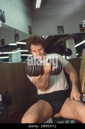 La leggenda della lotta Bruno Sammartino lavora con pesi pesanti al Mid City Health Club di Midtown, Manhattan, New York nella primavera del 1977 Foto Stock