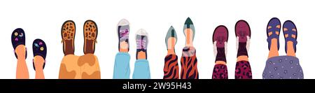 Gambe nelle scarpe. Vista dall'alto piedi femmina. Pantofole o sneakers alla moda. Paio di sandali estivi. Calzature da donna alla moda. Stile di vita informale. Mocassini in pelle Illustrazione Vettoriale