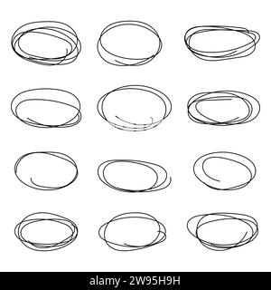 Riquadri grunge astratti ed elementi di bordi. Set di matite disegnate a mano astratte vettoriali, ellissi e ovali su sfondo bianco. Doodle ha fatto un bravo schizzo Illustrazione Vettoriale