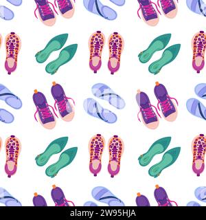 Modello senza cuciture delle scarpe. Diversi tipi di calzature sportive e casual. Vista dall'alto mocassini e sandali. Sneakers e scarpe alla moda. Abbigliamento per il piede. Estate Illustrazione Vettoriale