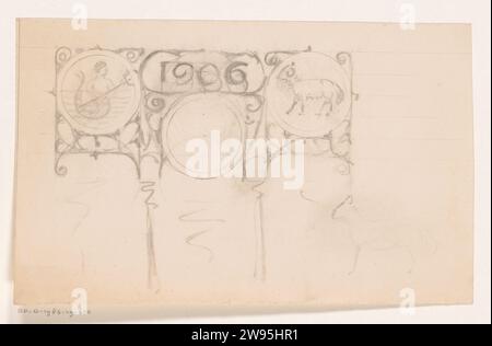 Progetto per Monthsage 'De Vrouw en Her House' del 1906, Reinier Willem Petrus de Vries (1874-1953), 1906 disegno disegno con due cerchi, con un Waterman a sinistra e un ariete a destra. Tra un campo data e l'anno 1906. carta. gesso. Pencil Aquarius (segno zodiacale di gennaio). Ariete (segno zodico di marzo) Foto Stock
