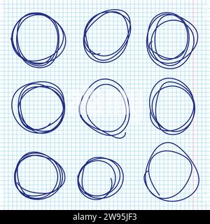 Disegnato a mano cerchi di penne disegnati a linee di schizzo sulle pagine del blocco appunti. Disegnare rotondi con pennarello circolare a penna blu. Illustrazione vettoriale. Illustrazione Vettoriale