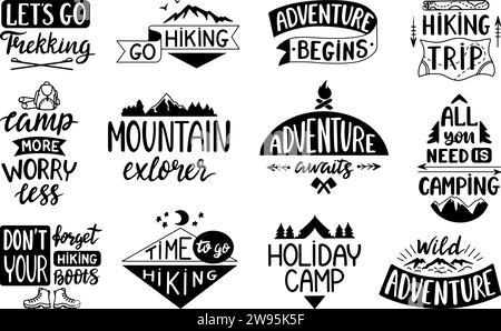 Lettering "Adventure quote". Nastri neri e badge con slogan di viaggio. Badge da campeggio e da trekking o stampe di t-shirt, set vettoriale neoterico Illustrazione Vettoriale