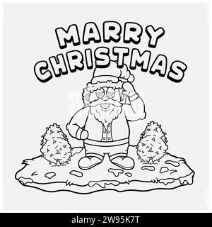 Line art di Marry Christmas Text e Babbo Natale. Con alto, albero Cannabis e sfondo. Illustrazione vettoriale. Illustrazione Vettoriale