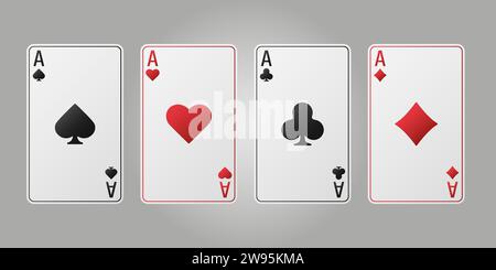 Cuori, picche, diamanti, tessere. Set di costumi da gioco Aces. Poker o casinò, concetto di gioco d'azzardo. Una mano da poker vincente. Modello per il casinò Illustrazione Vettoriale