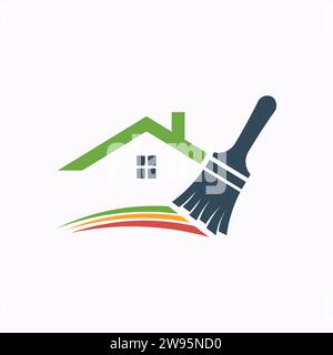 Logo per il rinnovo della casa e i servizi di pittura - Un pennello con tratti colorati sotto la silhouette di una casa, che rappresenta il rinfresco e. Illustrazione Vettoriale