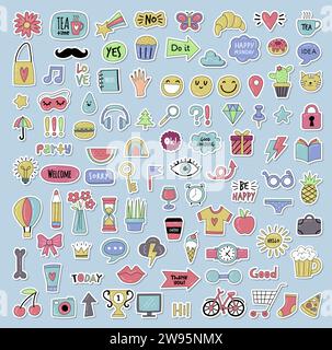 Adesivi Planner. Promemoria icone colorate divertenti adesive per la pianificazione quotidiana di routine, set di illustrazioni vettoriali recenti Illustrazione Vettoriale