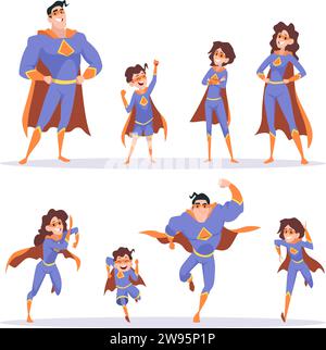 Famiglia dei supereroi. Cartoni animati, madre, padre e figli, in costumi protetti da supereroi, salvano il mondo con il set vettoriale esatto Illustrazione Vettoriale