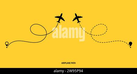 Concetto di viaggio. Aereo a traiettoria tratteggiata. Tracciamento degli aerei. Percorso aereo. Illustrazione vettoriale su sfondo bianco isolato. Illustrazione Vettoriale