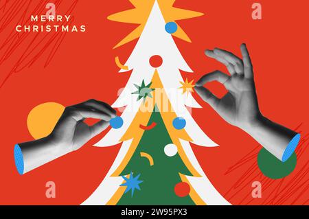 Buon Natale, illustrazione vettoriale dei biglietti d'auguri. Mani umane con decorazioni stagionali sull'albero di Natale. Stile collage di mezzitoni alla moda. Illustrazione Vettoriale