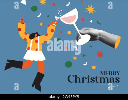 Buon Natale e felice anno nuovo, biglietti d'auguri dal design vettoriale. Brindare con le mani con bicchieri da vino per festeggiare le feste. mix di collage di mezzitoni alla moda Illustrazione Vettoriale