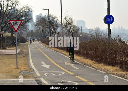 Persona in abiti neri su una bicicletta sportiva di colore giallo brillante sulla pista ciclabile del Jamsil Hangang Park Foto Stock