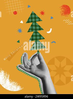 Buon Natale felice anno nuovo biglietti d'auguri con design vettoriale. Mano umana che tiene un pino di stagione. Collage di mezzitoni alla moda con materiali misti stile anni '90 e c Illustrazione Vettoriale