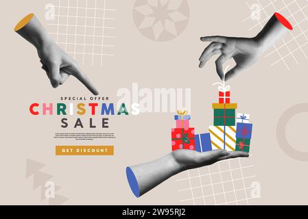 Speciale modello illustrativo vettoriale per le vendite natalizie, mani umane con colorate confezioni regalo in collage di mezzitoni alla moda, materiali misti stile anni '90. Bus online Illustrazione Vettoriale