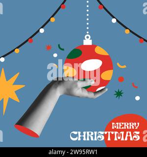 Buon Natale felice anno nuovo biglietto d'auguri illustrazione vettoriale. Decorazioni con palla per la stagione con mani umane. Collage di mezzitoni alla moda con materiali misti stile anni '90. Illustrazione Vettoriale