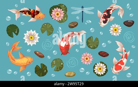Elementi decorativi per laghetti asiatici. Pesci Koi, carpe giapponesi colorate, piante acquatiche, rocce, design del giardino, gigli e perdite in acqua, oggetti con vista dall'alto Illustrazione Vettoriale