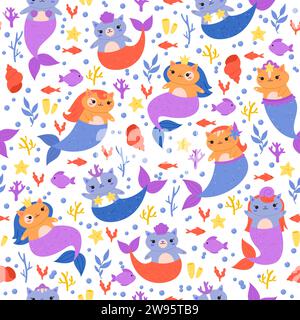 Modello senza cuciture con gatti sirena. Piccoli gattini divertenti con code di pesce. magici personaggi sott'acqua. Tessuti decorativi, carta da rivestimento, carta da parati Illustrazione Vettoriale