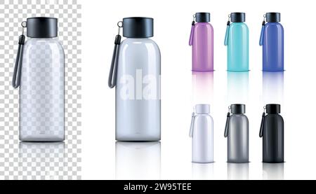 Bottiglia d'acqua 3D. Drink sportivo in vetro per palestra. Contenitore in plastica vuoto trasparente o bianco vuoto con tappo. Pallone riutilizzabile dal design realistico. pac in metallo lucido Illustrazione Vettoriale