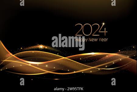 2024 capodanno. Onda d'oro su sfondo nero, nastro dorato per un felice anno nuovo, luccicante e scintillante. Stelle e scintille di notte. wifi di lusso in stile premium Illustrazione Vettoriale