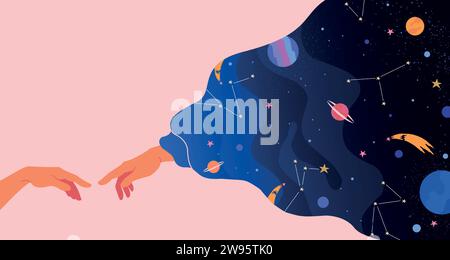 Adam Creation. Le mani toccano nel cloud. Sogno scientifico COSMOS. Dio insieme nella galassia spaziale. Stelle o pianeti dell'universo. I denti del braccio si collegano. Immagine creativa Illustrazione Vettoriale