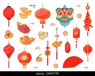 Lanterne cinesi tradizionali. Lampade di carta rossa asiatica, simboli fortunati, elementi per le vacanze, decorazioni per il nuovo anno in via del festival, pesce rosso orientale Illustrazione Vettoriale