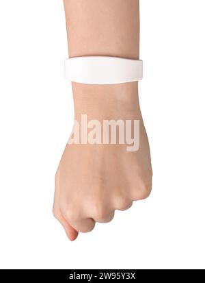 Modello di braccialetto in silicone su polso isolato su sfondo bianco Foto Stock