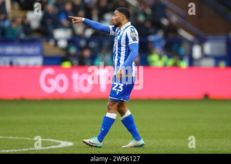 Sheffield, Regno Unito. 23 dicembre 2023. Sheffield Wednesday difensore Akin Famewo (23) gesti durante la partita Sheffield Wednesday FC contro Cardiff City FC Skybet EFL Championship all'Hillsborough Stadium, Sheffield, Inghilterra, Regno Unito il 23 dicembre 2023 Credit: Every Second Media/Alamy Live News Foto Stock