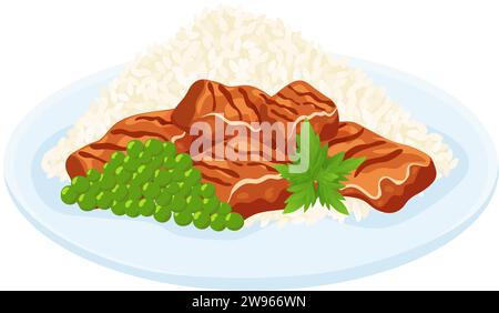 Pezzi di carne fritti con riso bollito, piselli verdi, prezzemolo, coriandolo isolato su fondo bianco. Piatto di riso. Cibo sano. Illustrazione vettoriale. Illustrazione Vettoriale