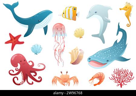sotto il mare. Collezione oceanica con balene, squali, granchi, polpi, pesci Illustrazione Vettoriale