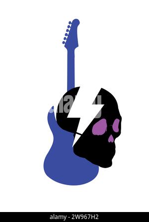 T-shirt con teschio nero con simbolo thunderbolt e chitarra elettrica blu. Poster Glam Rock. Illustrazione Vettoriale