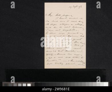 Lettera a Jan Veth e Anna Dorothea Dirks, Wally Moes, c. 1888 - 1918 lettera datata 19 settembre: 92 in una mano successiva. carta. scrittura a inchiostro (processi) / pittura a penna (compresa l'illuminazione di libri, la pittura in miniatura). soldi. arti applicate, arti e mestieri; design industriale. disegno. Laboratorio, studio dell'artista (in generale) Bussum Foto Stock